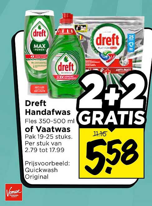Dreft Handafwas Fles 350-500 ml of Vaatwas Pak 19-25 stuks 2+2 GRATIS