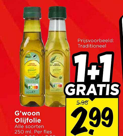 G'woon Olijfolie Alle soorten 250 ml. Per fles 1+1 GRATIS