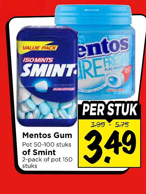 Mentos Gum Pot 50-100 stuks of Smint 2-pack of pot 150 stuks PER STUK