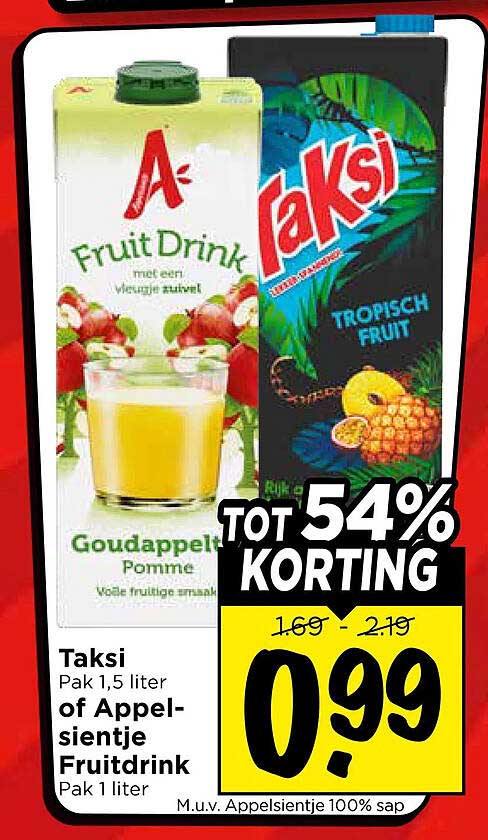 Taksi Pak 1,5 liter of Appelsientje Fruitdrink Pak 1 liter TOT 54% KORTING