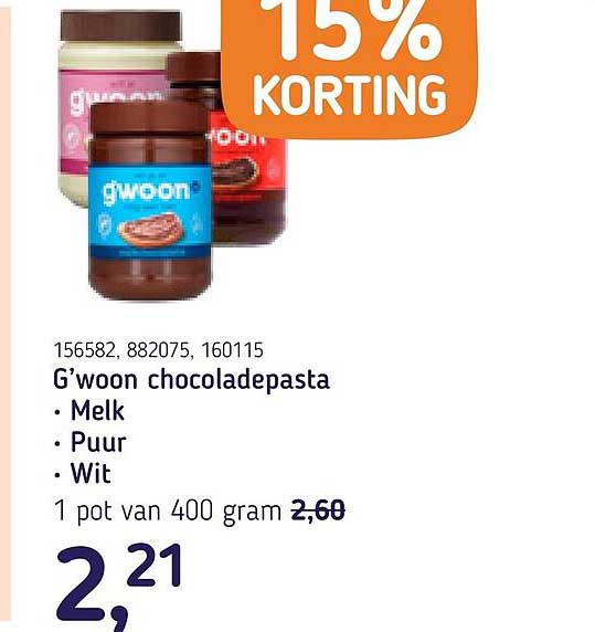 G'woon chocoladepasta - Melk - Puur - Wit 15% KORTING