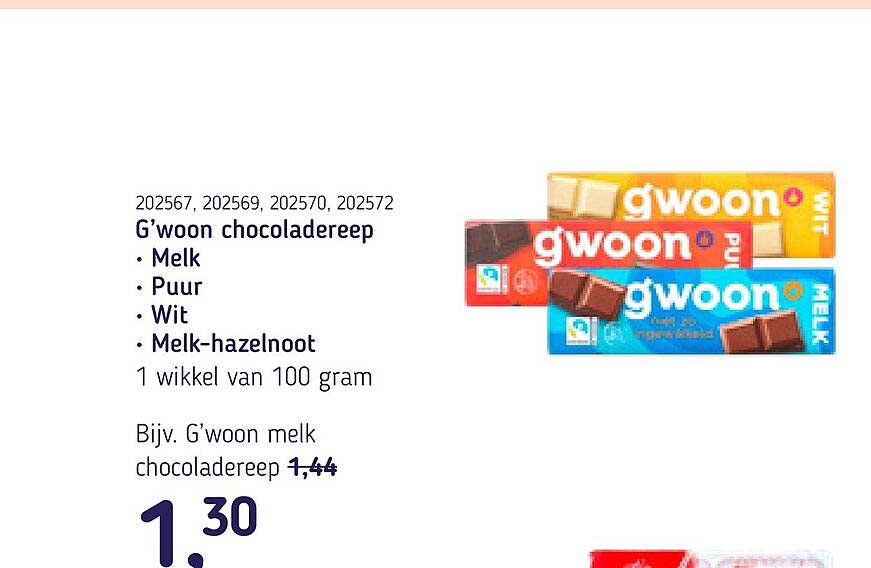 G'woon chocoladereep - Melk, Puur, Wit, Melk-hazelnoot