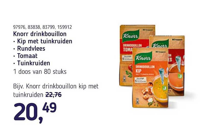 Knorr drinkbouillon • Kip met tuinkruiden • Rundvlees • Tomaat • Tuinkruiden