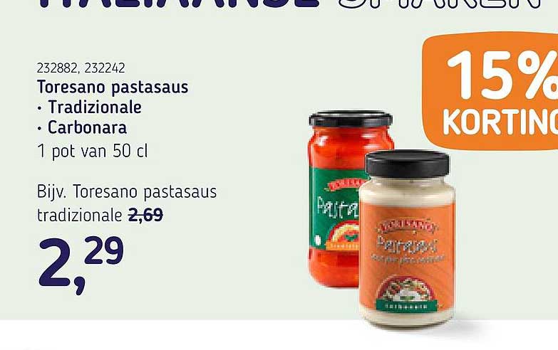 Toresano pastasaus • Tradizionale • Carbonara 1 pot van 50 cl 15% KORTING