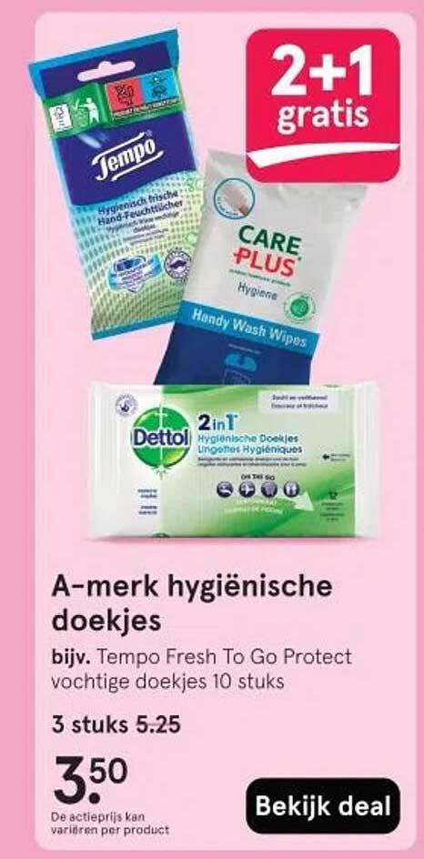 A-merk hygiënische doekjes bijv. Tempo Fresh To Go Protect vochtige doekjes 10 stuks