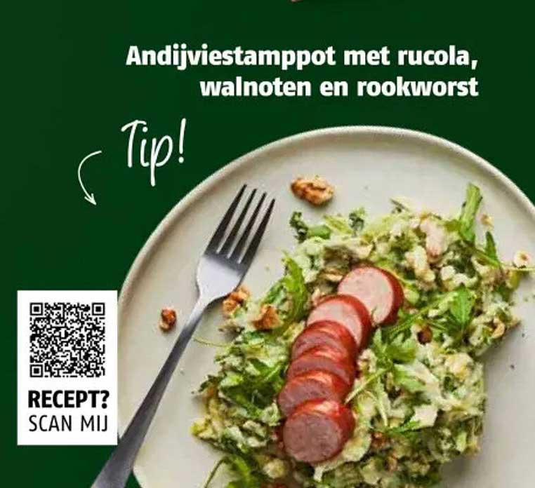 Andijviestamppot met rucola, walnoten en rookworst