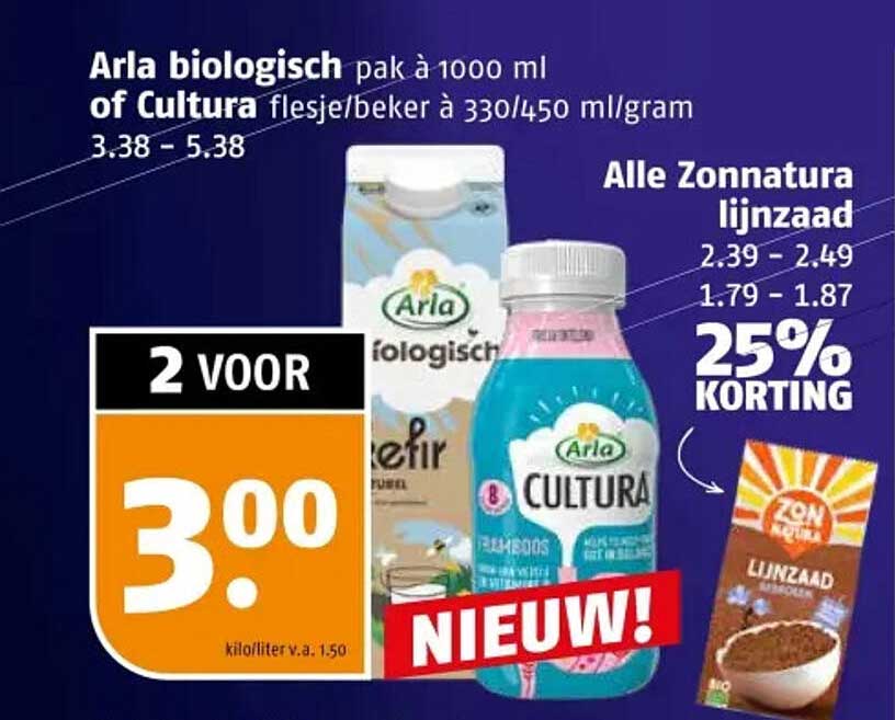 Arla biologisch pak à 1000 ml of Cultura flesje/beker à 330/450 ml/gram