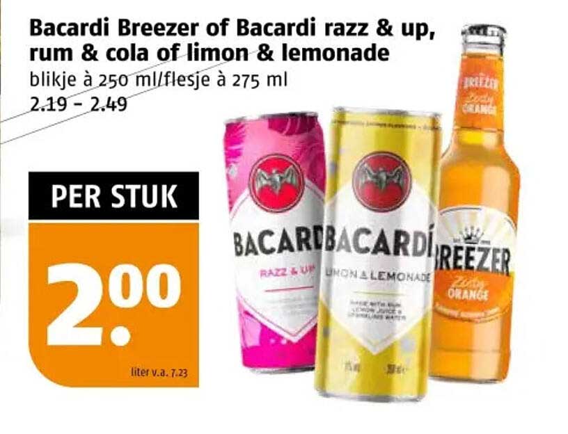 Bacardi Breezer of Bacardi razz & up, rum & cola of limon & lemonade