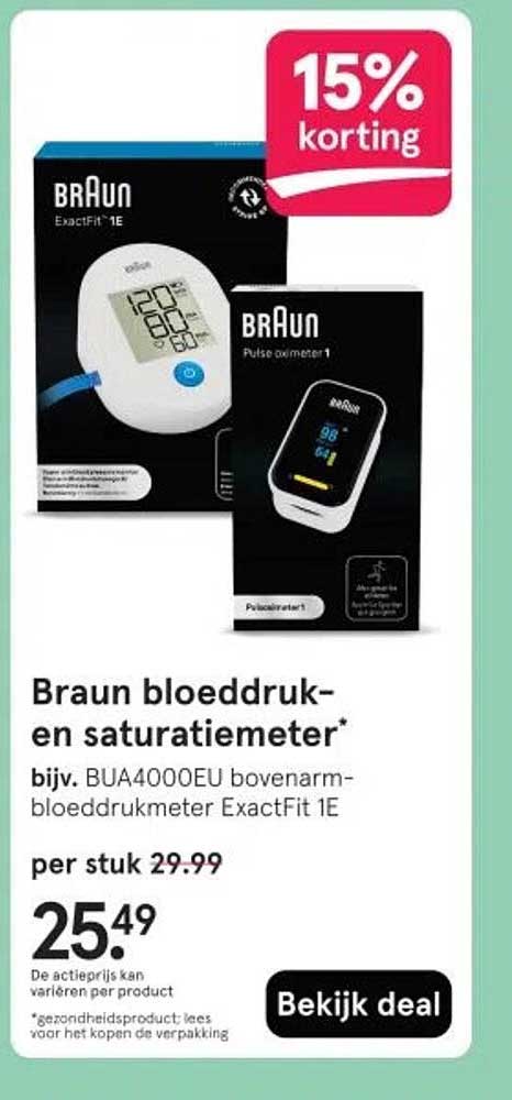 Braun bloeddruk- en saturatiemeter* bijv. BUA4000EU bovenarm-bloeddrukmeter ExactFit 1E