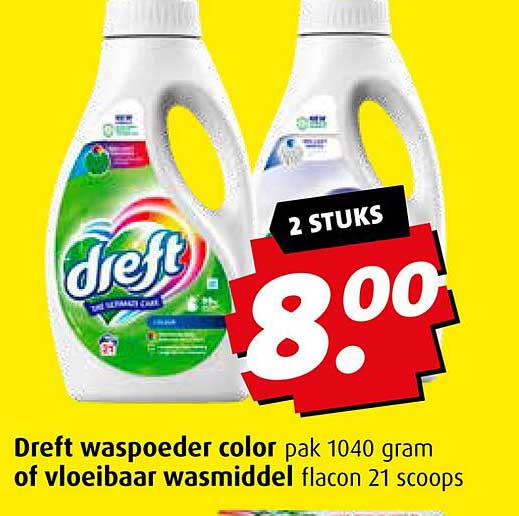 Dreft waspoeder color pak 1040 gram of vloeibaar wasmiddel flacon 21 scoops
