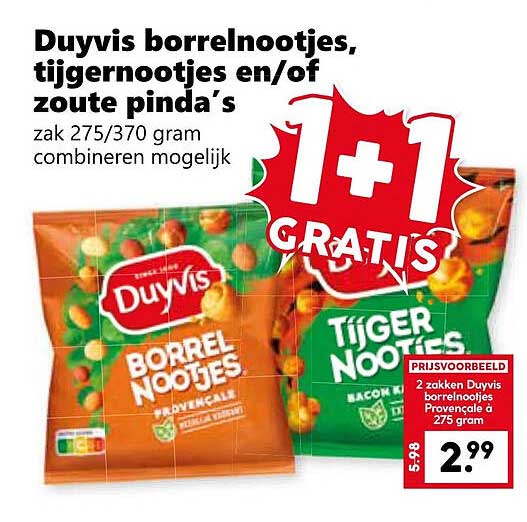 Duyvis borrelnootjes, tijgernootjes en/of zoute pinda’s