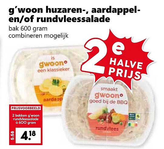 g’woon huzaren-, aardappel- en/of rundvleessalade bak 600 gram