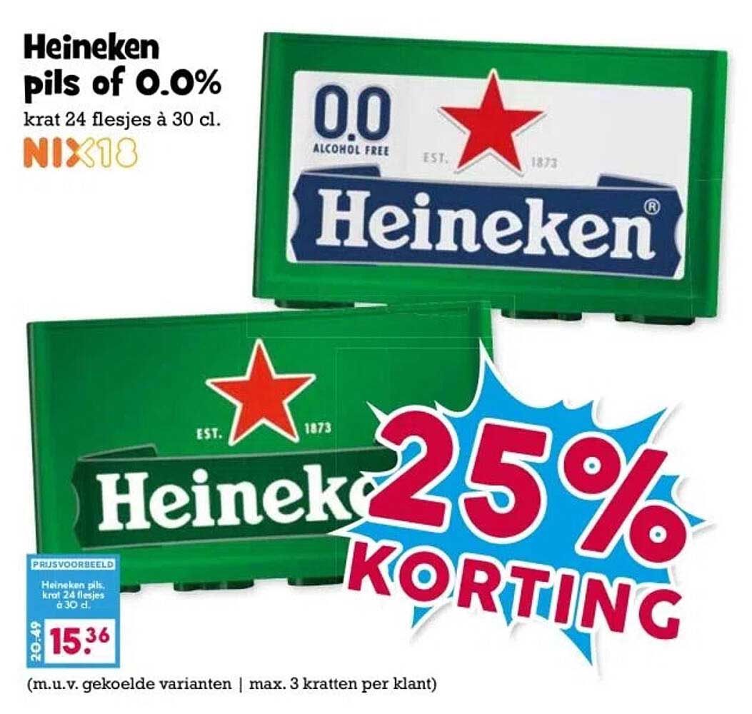 Heineken pils of 0.0% krat 24 flesjes à 30 cl.