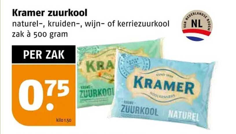 Kramer zuurkool naturel-, kruiden-, wijn- of kerriezuurkool zak à 500 gram