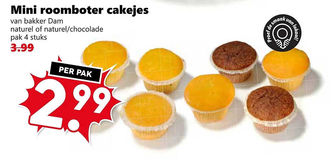 Mini roomboter cakejes van bakker Dam natuur of naturel/chocolade pak 4 stuks