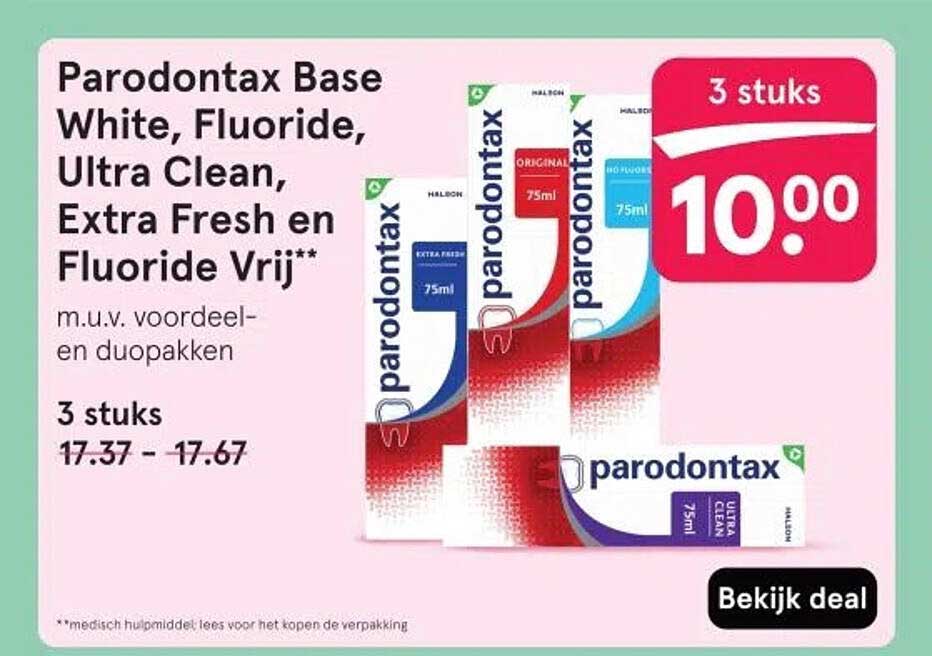 Parodontax Base White, Fluoride, Ultra Clean, Extra Fresh en Fluoride Vrij