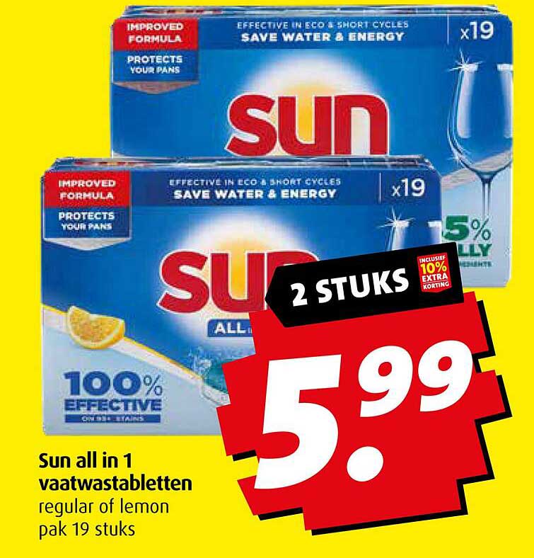 Sun all in 1 vaatwastabletten regular of lemon pak 19 stuks
