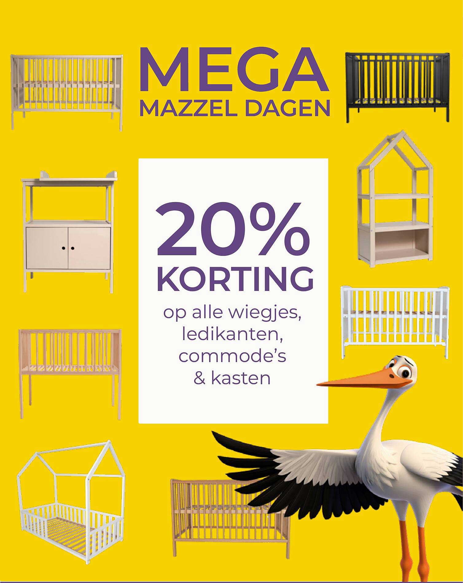 20% KORTING op alle wiegjes, ledikanten, commode’s & kasten