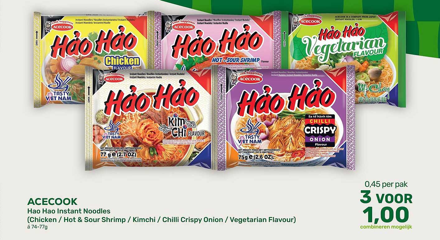 ACECOOK Hao Hao Instant Noodles (Chicken / Hot & Sour Shrimp / Kimchi / Chilli Crispy Onion / Vegetarian Flavour)