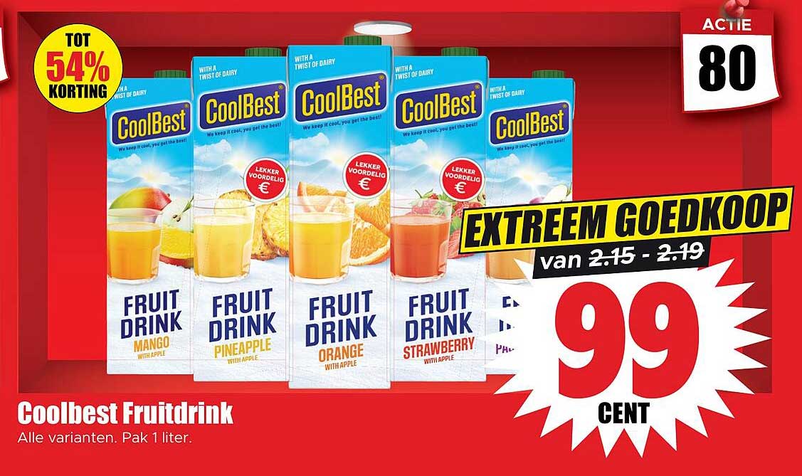 Coolbest Fruitdrink Alle varianten. Pak 1 liter. EXTREEM GOEDKOOP