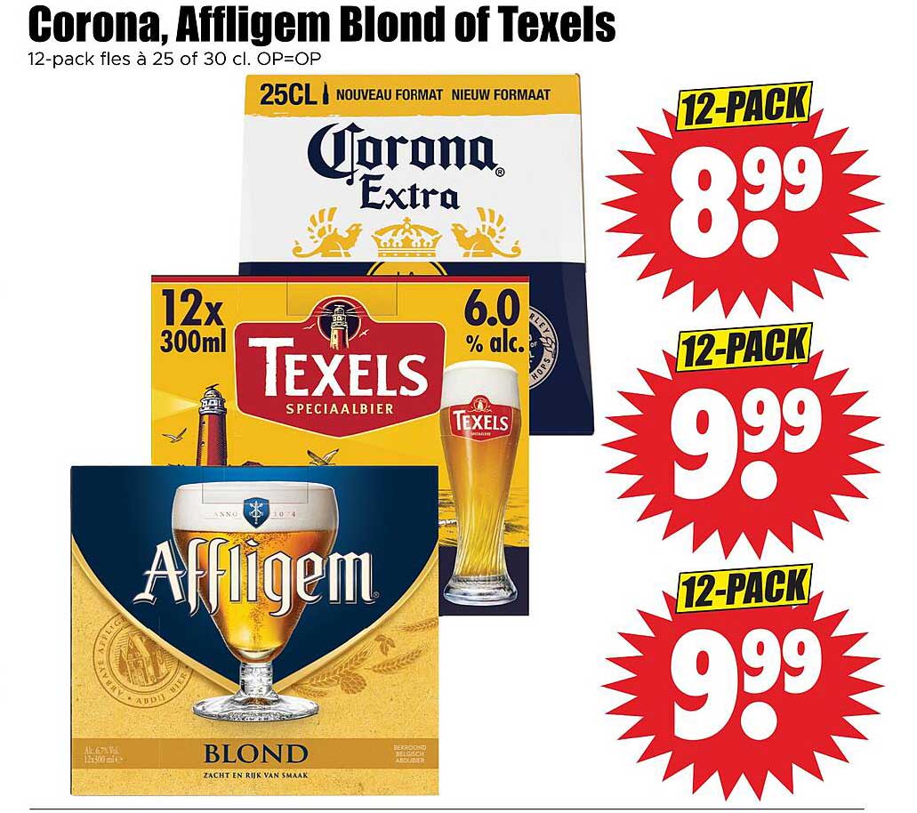 Corona, Affligem Blond of Texels 12-pack fles à 25 of 30 cl. OP=OP