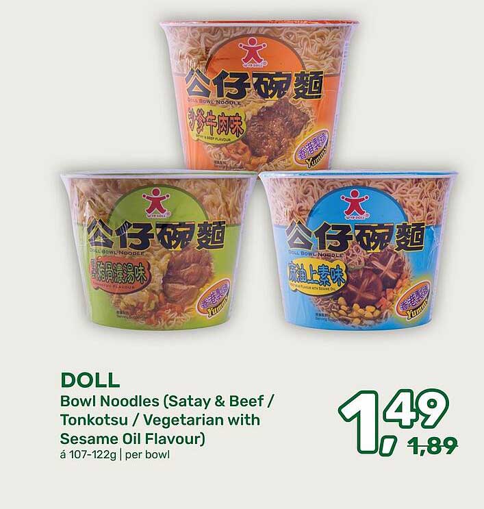 DOLL Bowl Noodles (Satay & Beef / Tonkotsu / Vegetarian with Sesame Oil Flavour)