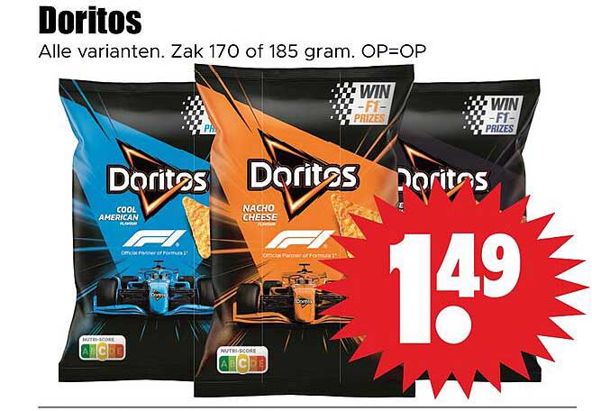 Doritos Alle varianten, Zak 170 of 185 gram, OP=OP