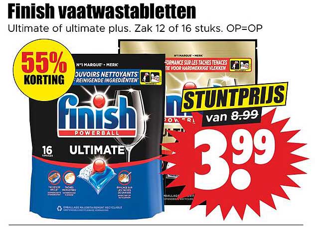 Finish vaatwastabletten Ultimate of Ultimate plus. Zak 12 of 16 stuks. OP=OP 55% korting