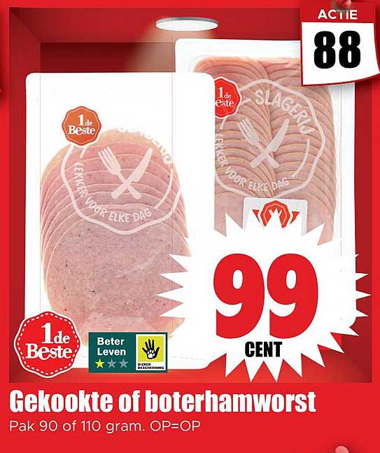 Gekookte of boterhamworst Pak 90 of 110 gram. OP=OP
