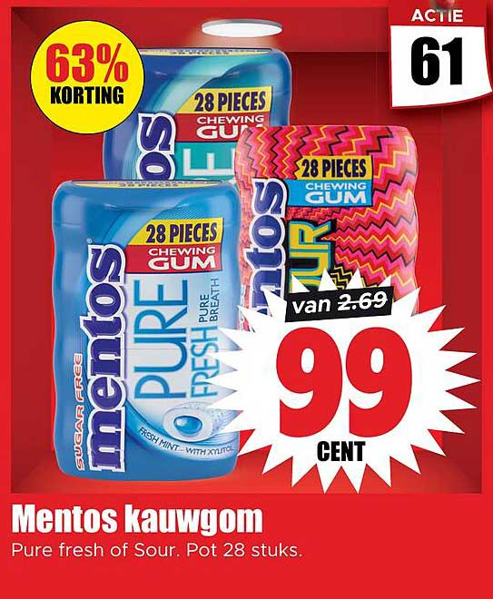Mentos kauwgom Pure fresh of Sour. Pot 28 stuks. 63% KORTING