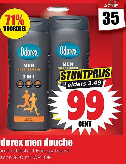 Odorex men douche sport refresh of Energy boost. flacon 300 ml. OP=OP STUNTPRIJS elders 3.49 99 CENT