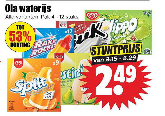 Ola waterijs Alle varianten. Pak 4 - 12 stuks. STUNTPRIJS van 3.15 - 5.29