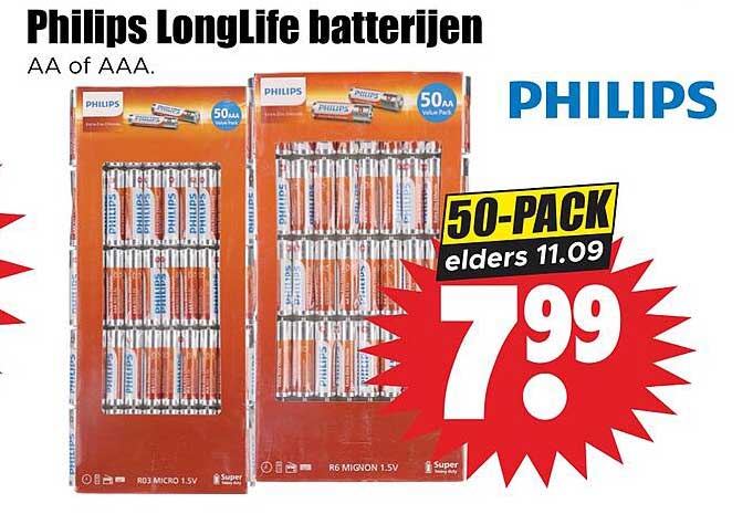 Philips Longlife batterijen AA of AAA.