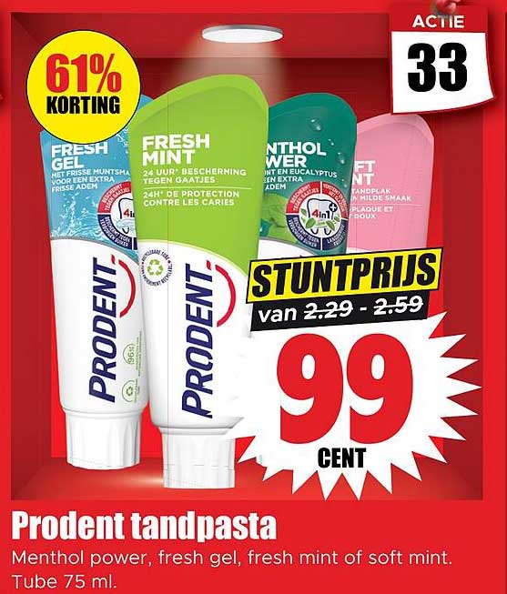 Prodent tandpasta Menthol power, fresh gel, fresh mint of soft mint.