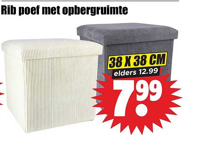 Rib poef met opbergruimte 38 x 38 cm