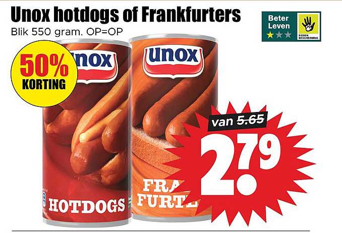 Unox hotdogs of Frankfurters Blik 550 gram. OP=OP 50% KORTING