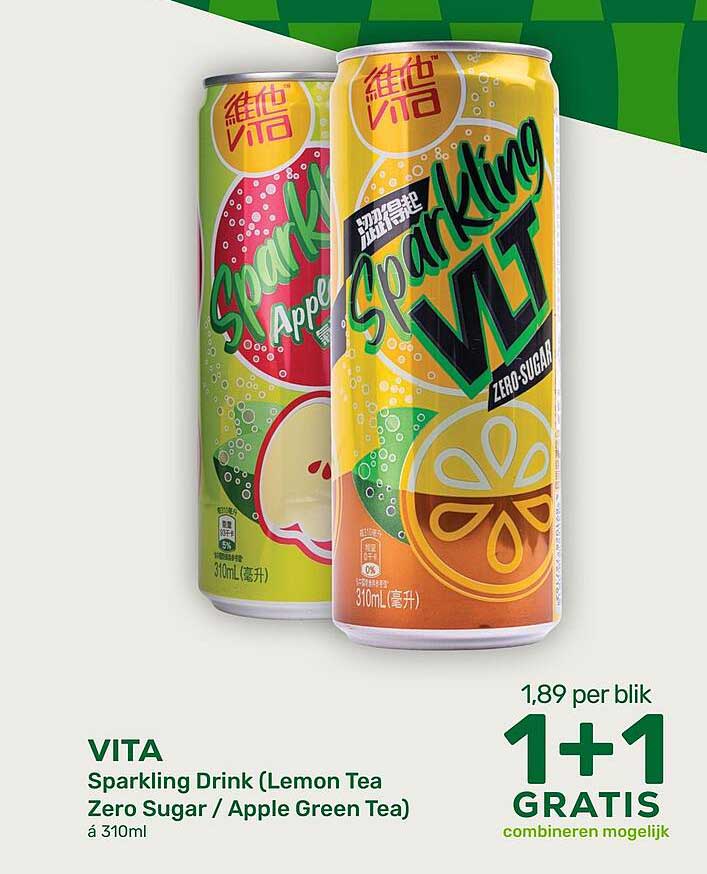 VITA Sparkling Drink (Lemon Tea Zero Sugar / Apple Green Tea) á 310ml 1+1 GRATIS combineren mogelijk