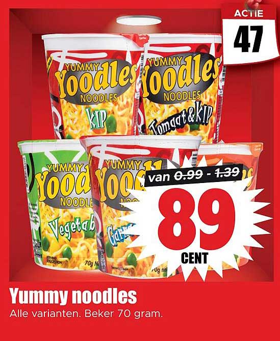 Yummy noodles Alle varianten. Beker 70 gram.