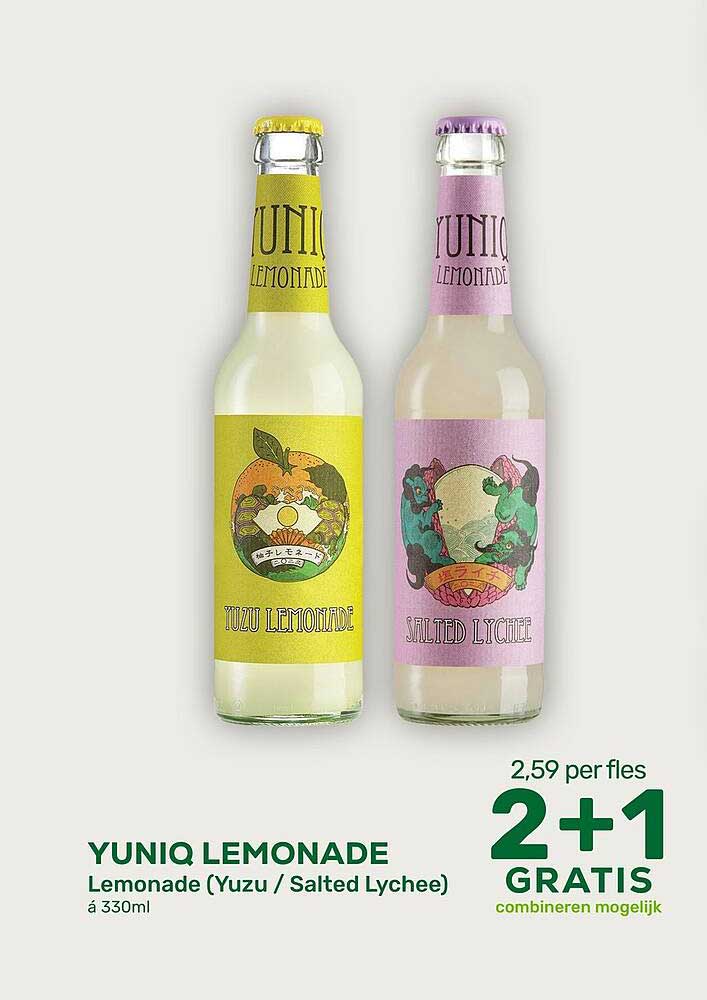 YUNIQ LEMONADE Lemonade (Yuzu / Salted Lychee) á 330ml 2+1 GRATIS combineren mogelijk