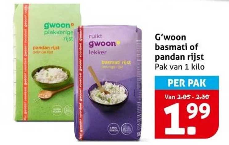 G’woon Basmati Of Pandan Rijst Pak Van 1 Kilo Aanbieding bij Hoogvliet ...