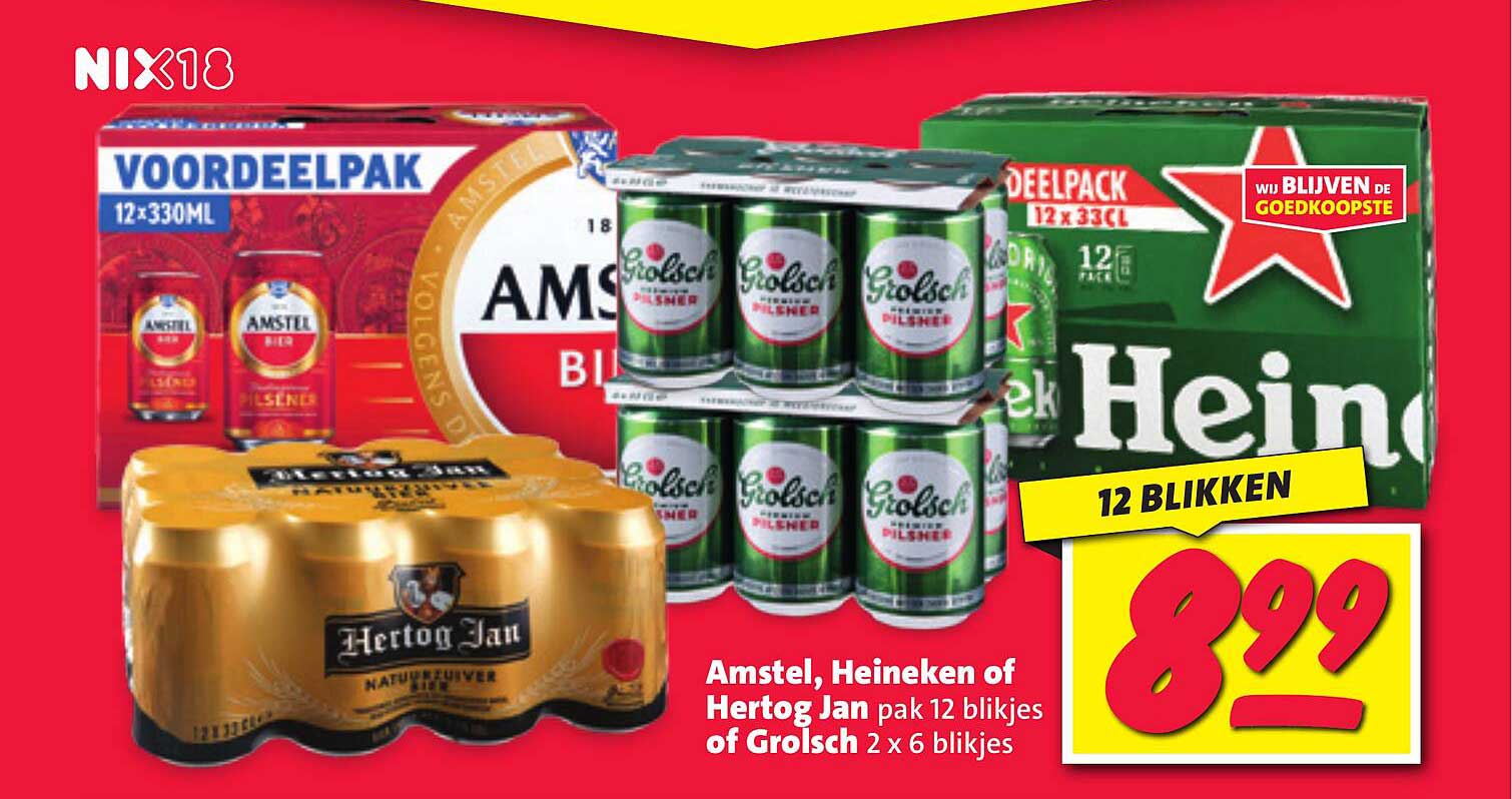 Amstel, Heineken of Hertog Jan pak 12 blikjes of Grolsch 2 x 6 blikjes