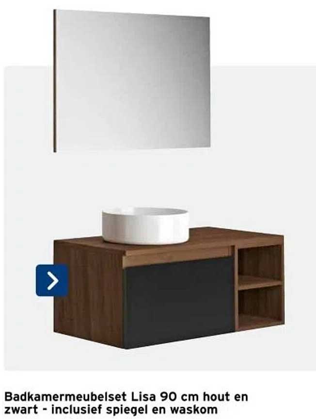 Badkamermeubelset Lisa 90 cm hout en zwart - inclusief spiegel en waskom
