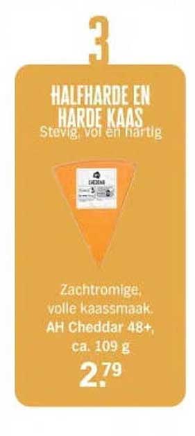 3 halve harde en harde kaas stevig, vol en hartig, zachtromige, volle kaassmaak, AH Cheddar 48+, ca. 109 g