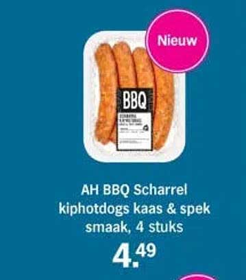 AH BBQ Scharrel kiphotdogs kaas & spek smaak, 4 stuks