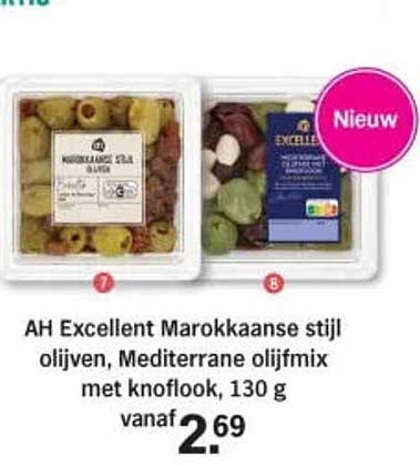 AH Excellent Marokkaanse stijl olijven, Mediterrane olijmix met knoflook, 130 g vanaf
