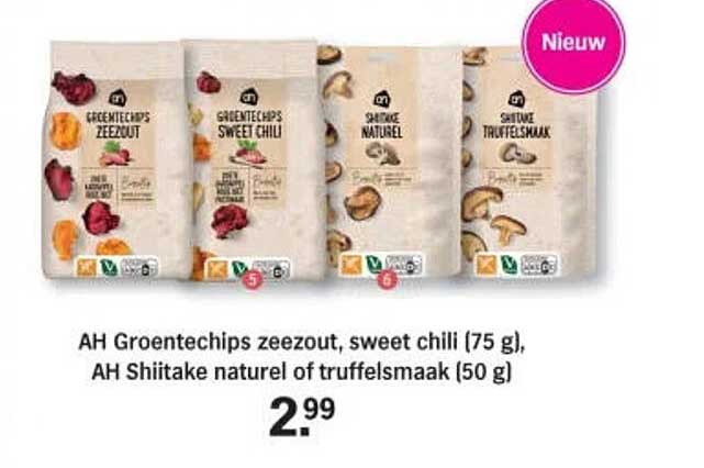 AH Groentechips zeezout, sweet chili (75 g), AH Shiitake naturel of truffelsmaak (50 g) Nieuw