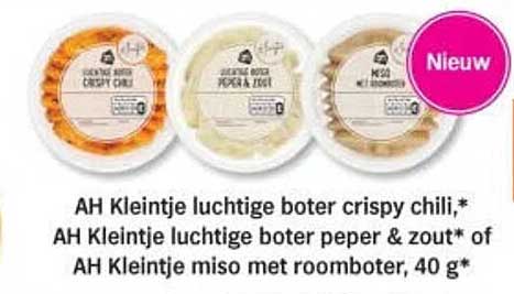 AH Kleintje luchtige boter crispy chili,* AH Kleintje luchtige boter peper & zout* of AH Kleintje miso met roomboter, 40 g* Nieuw