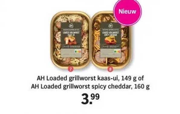 AH Loaded grillworst kaas-ui, 149 g of AH Loaded grillworst spicy cheddar, 160 g