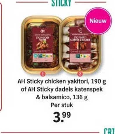 AH Sticky chicken yakitori, 190 g of AH Sticky dadels katenspek & balsamico, 136 g