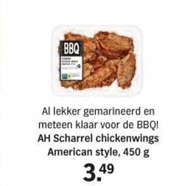 Al lekker gemarineerd en meteen klaar voor de BBQ! AH Scharrel chickenwings American style, 450 g